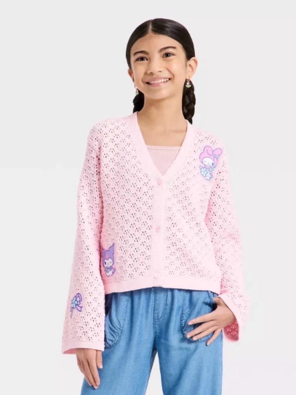 Girls' My Melody and Kuromi Open Work Cardigan Sweater - Light Pink XXL
